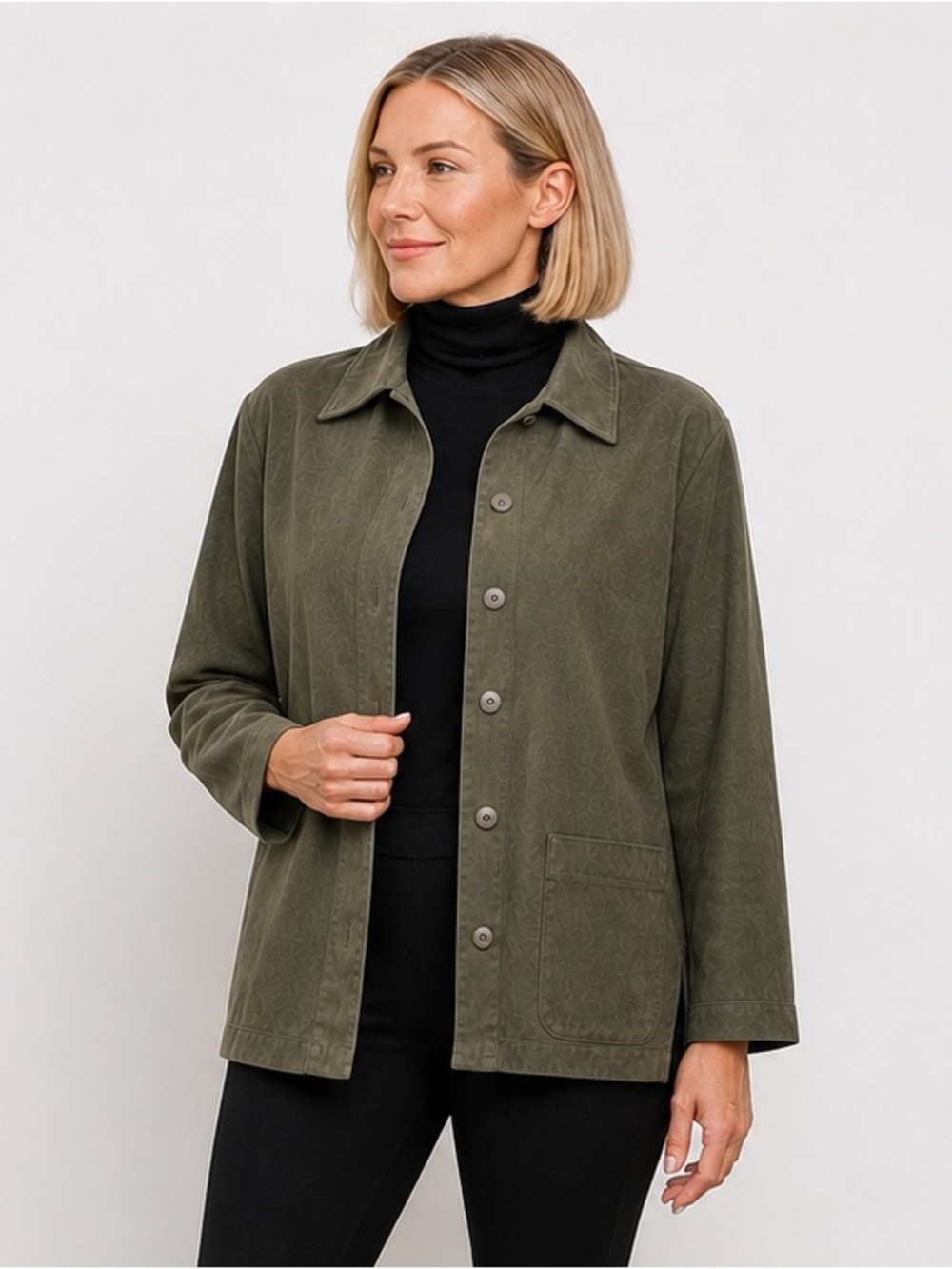 Vintage 90s Chico’s Olive Faux Suede Shirt Jacket Overshirt Size 1 M